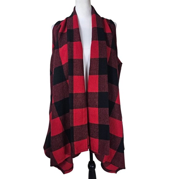 Luii Red Buffalo Plaid Sleeveless Cardigan Vest XL Asymmetrical Lagenlook Scandi - Picture 1 of 10